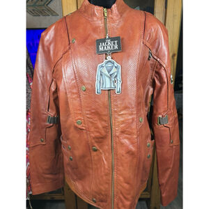 The Jacket Maker texture Leather Moto Jacket Burnt Orange Military Patch size 40